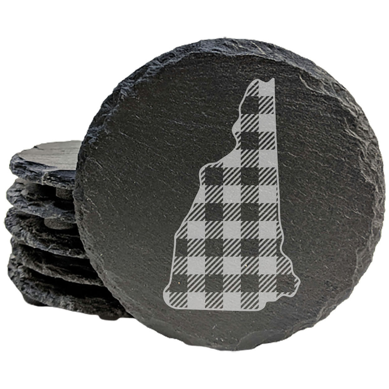 Rustic Slate Coasters Set of 4, Round 4" with New Hampshire Plaid Design, Laser Etched, Perfect for Holidays, Birthdays, Housewarming Gifts, Made in Oregon, USA, Natural Chipped Edge, Rubber Feet