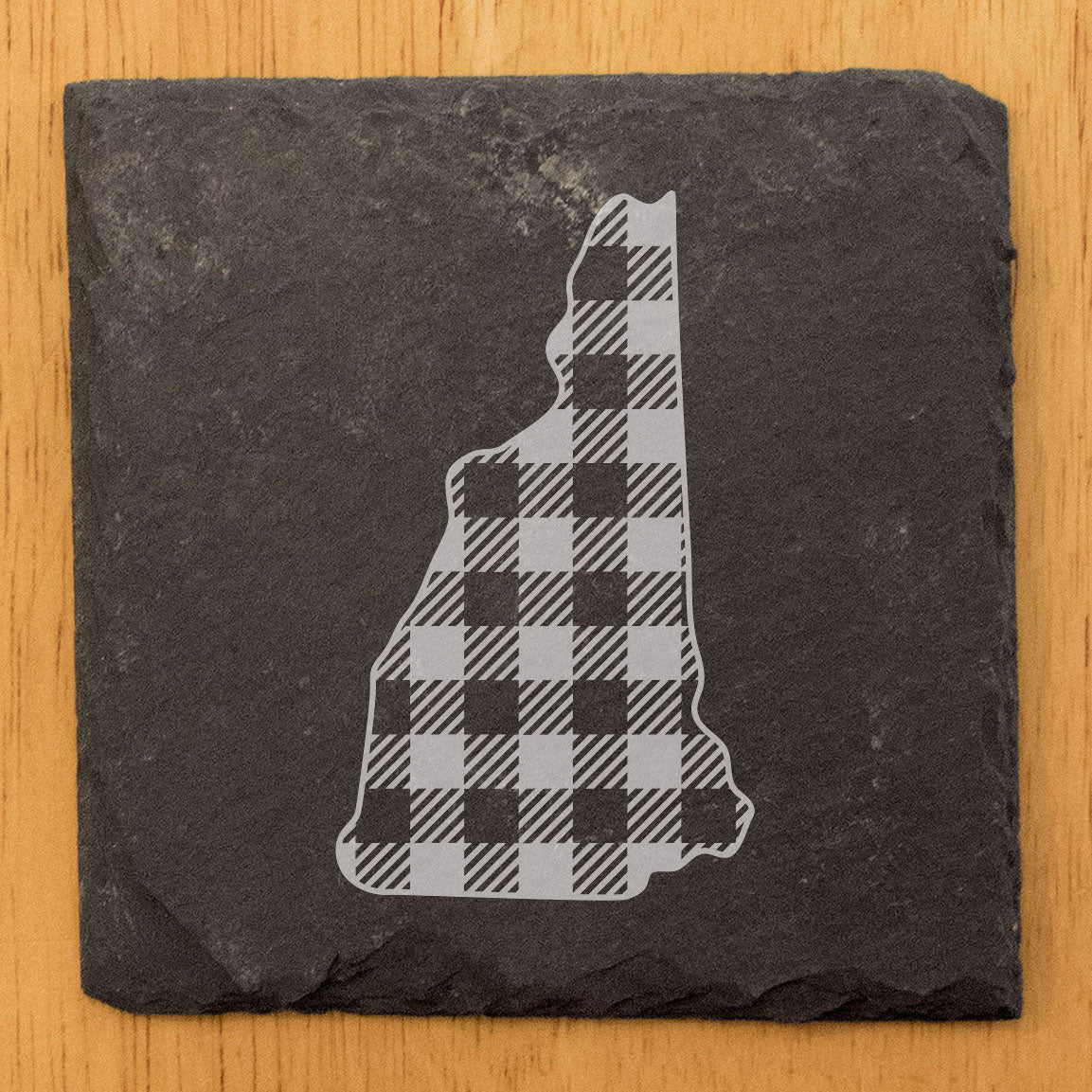 Rustic Slate Coasters Set of 4, Round 4" with New Hampshire Plaid Design, Laser Etched, Perfect for Holidays, Birthdays, Housewarming Gifts, Made in Oregon, USA, Natural Chipped Edge, Rubber Feet