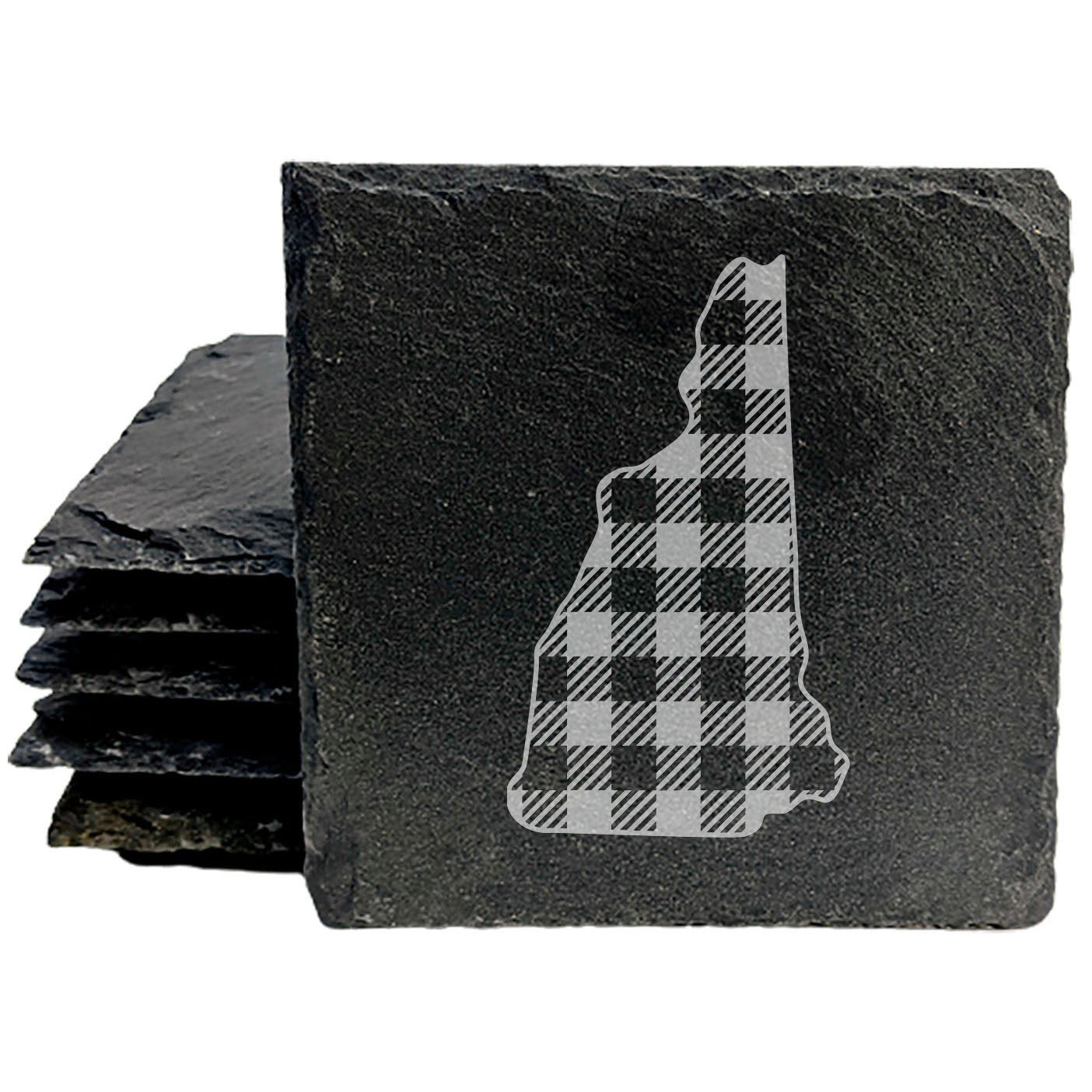 Rustic Slate Coasters Set of 4, Round 4" with New Hampshire Plaid Design, Laser Etched, Perfect for Holidays, Birthdays, Housewarming Gifts, Made in Oregon, USA, Natural Chipped Edge, Rubber Feet