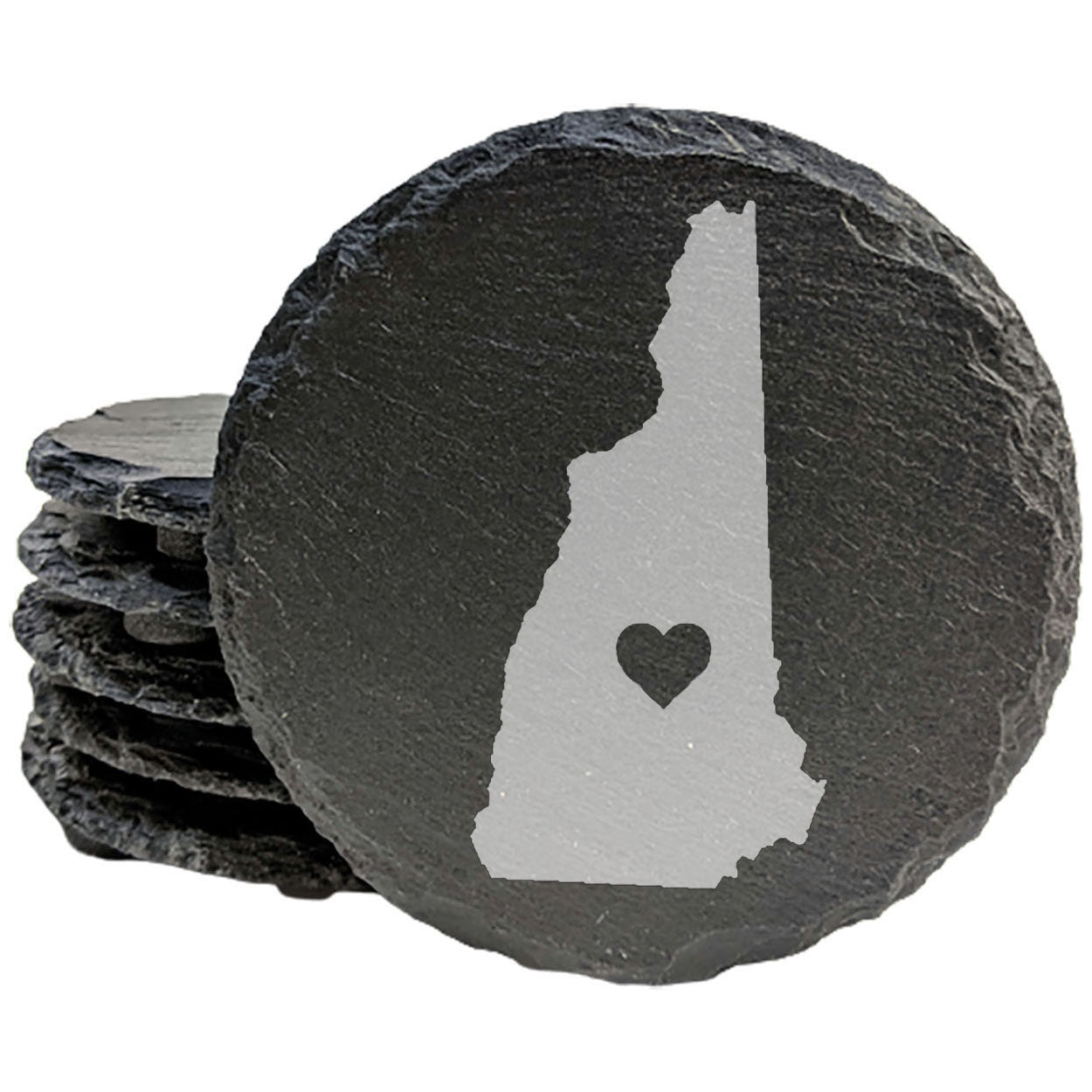 Rustic Slate Coasters Set of 4, Round 4" with New Hampshire Heart Design, Perfect for Holidays, Birthdays, Housewarming Gifts, She-Shed or Man Cave, Made in Oregon, USA by Small Business