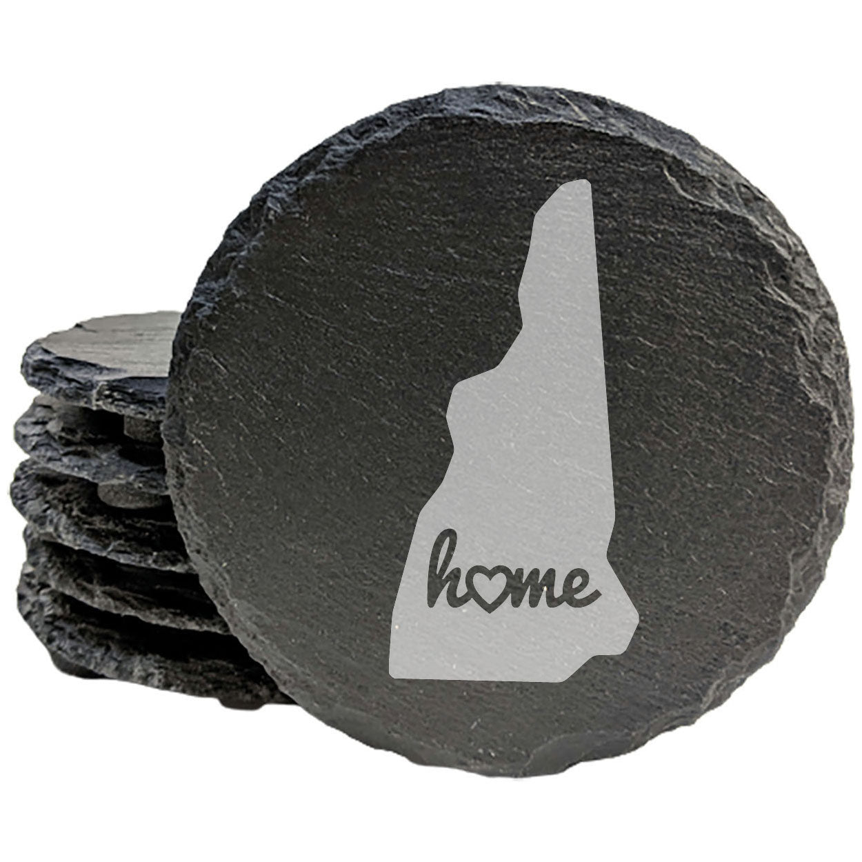Rustic Slate Coasters Set of 4 - New Hampshire 'Home' Design, Heart Detail, 4" Round, Natural Chipped Edge, Rubber Feet, , Perfect for Holidays, Birthdays, Housewarming, USA Made