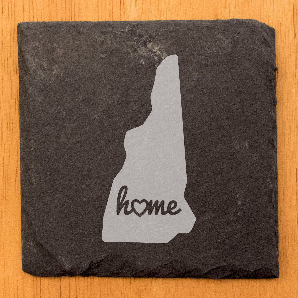Rustic Slate Coasters Set of 4 - New Hampshire 'Home' Design, Heart Detail, 4" Round, Natural Chipped Edge, Rubber Feet, , Perfect for Holidays, Birthdays, Housewarming, USA Made