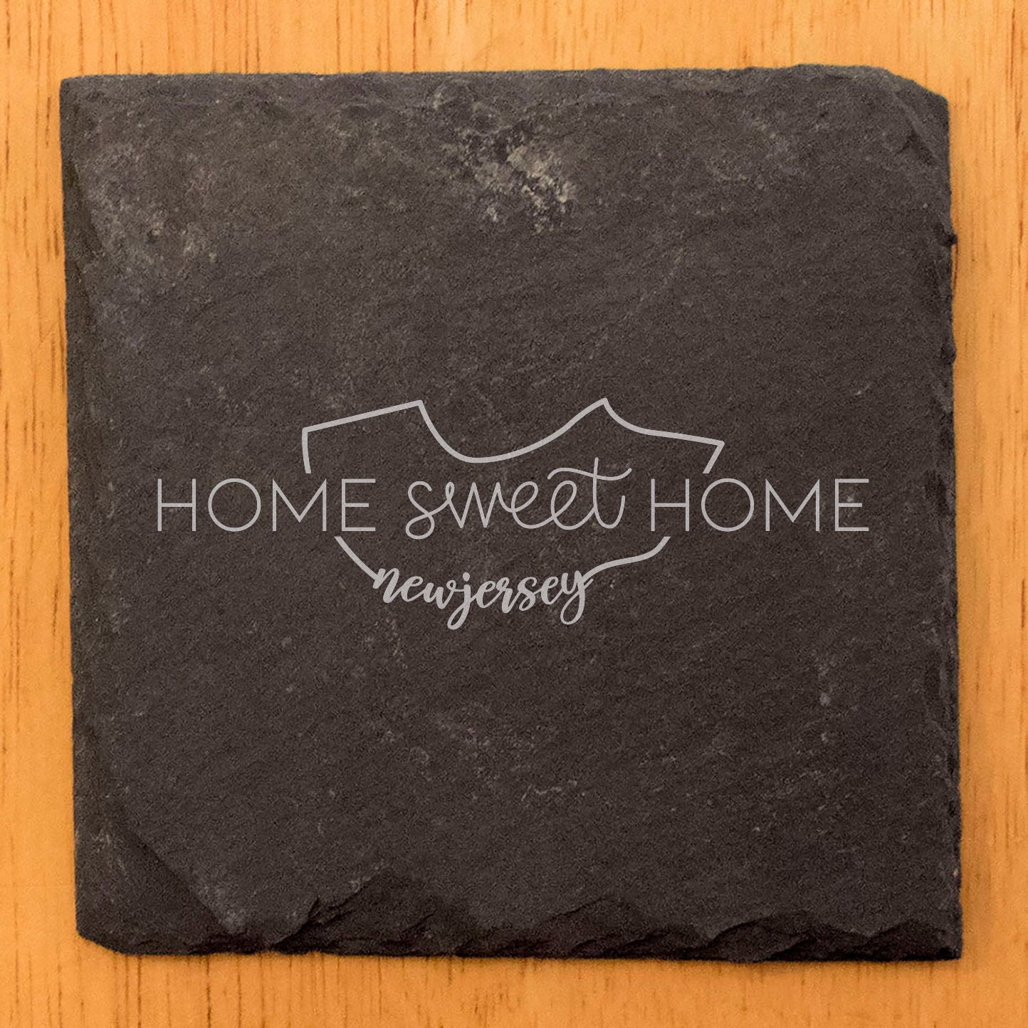 Rustic Slate Coasters Set of 4, Round 4" with 'Home Sweet Home' New Jersey Design, Perfect Gift for Holidays, Birthdays, Housewarming, She-Shed, Man Cave, Made in Oregon, USA, Natural Edge