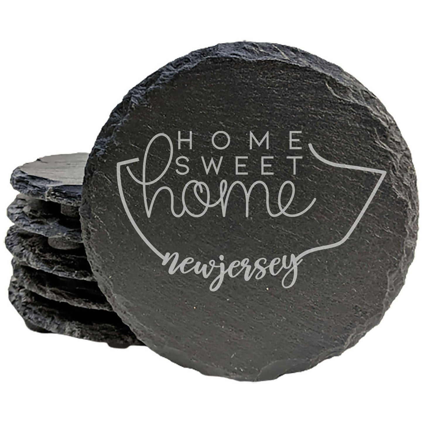 Rustic Slate Coasters Set of 4, Round 4" with New Jersey 'Home Sweet Home' Design, Laser Etched, Perfect for Holidays, Birthdays, Housewarming Gifts, Made in Oregon, USA, Natural Chipped Edge