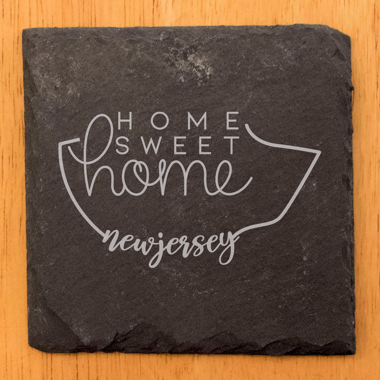 Rustic Slate Coasters Set of 4, Round 4" with New Jersey 'Home Sweet Home' Design, Laser Etched, Perfect for Holidays, Birthdays, Housewarming Gifts, Made in Oregon, USA, Natural Chipped Edge