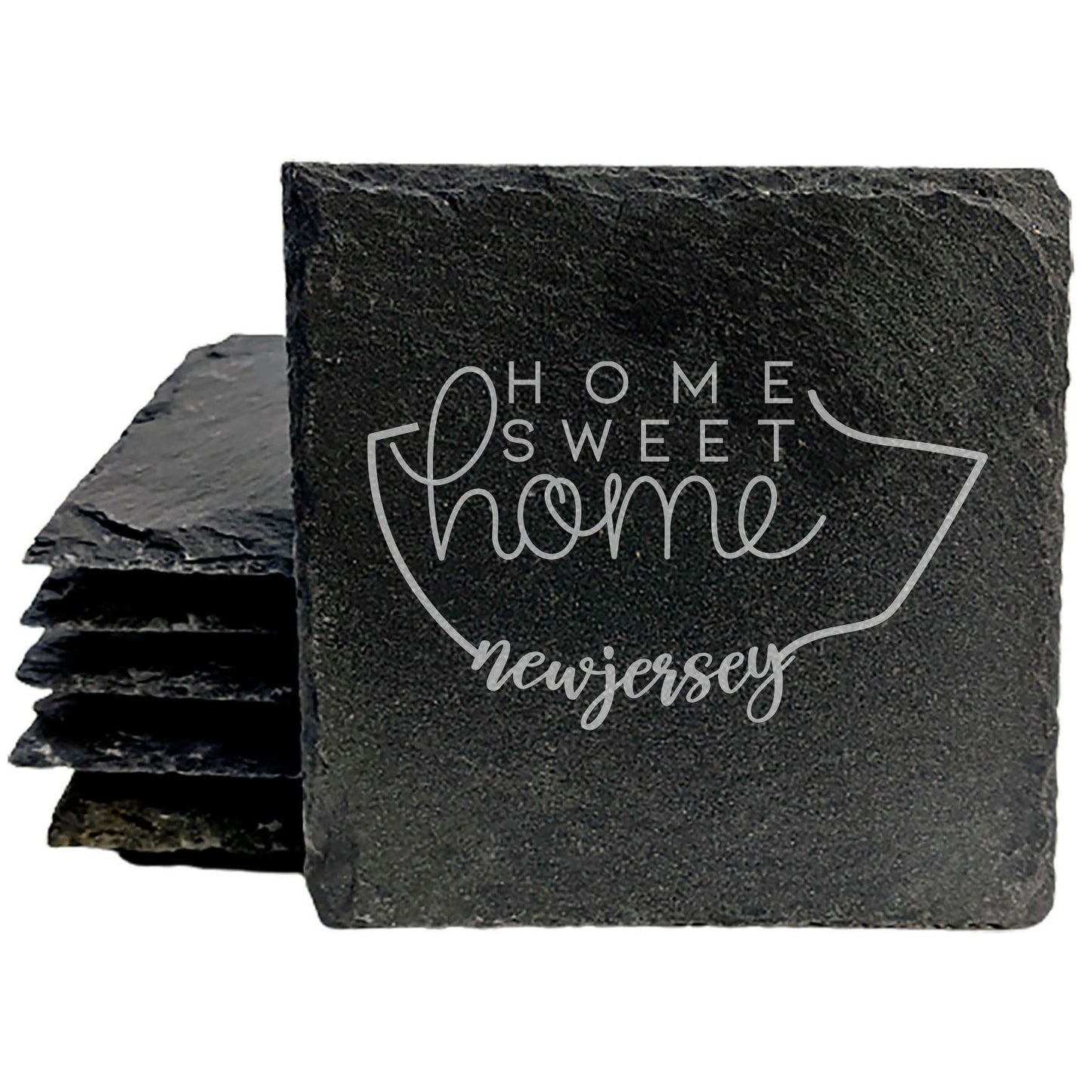 Rustic Slate Coasters Set of 4, Round 4" with New Jersey 'Home Sweet Home' Design, Laser Etched, Perfect for Holidays, Birthdays, Housewarming Gifts, Made in Oregon, USA, Natural Chipped Edge