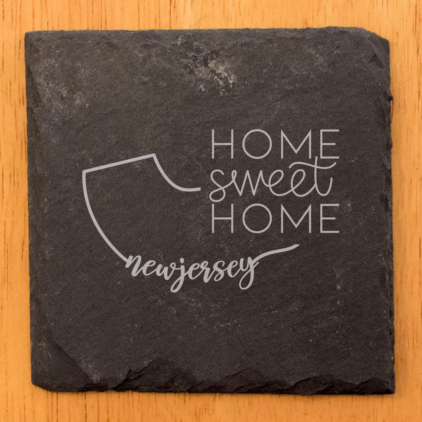 Rustic Slate Coasters Set of 4, Round 4" with New Jersey 'Home Sweet Home' Design, Laser Etched, Perfect for Holidays, Birthdays, Housewarming, She-Shed, Man Cave, Made in Oregon, USA
