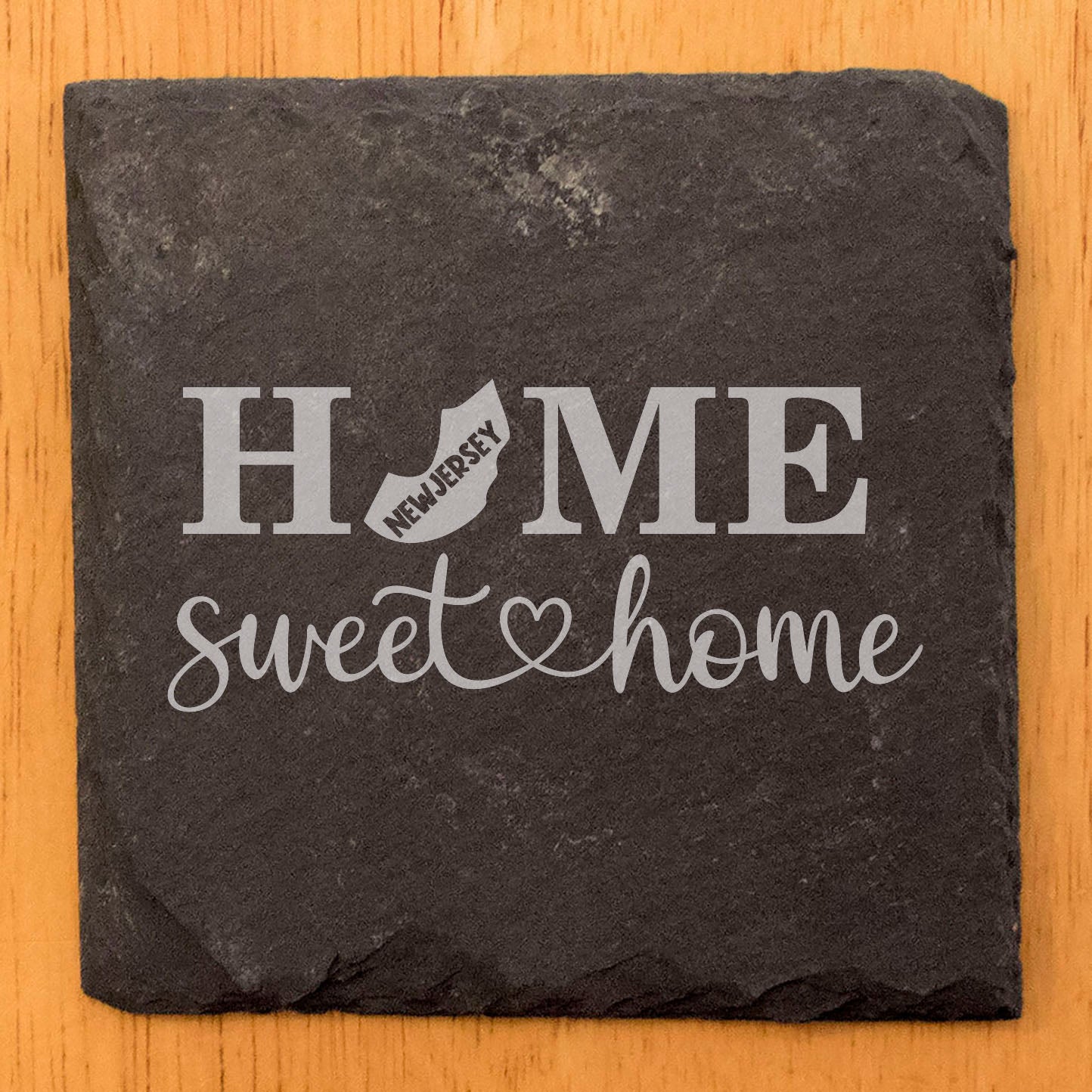 Rustic Slate Coasters Set of 4, Round 4" with 'HOME SWEET HOME' NJ Design, Perfect Gift for Holidays, Birthdays, Housewarming, She-Shed, Man Cave, Made in Oregon, USA, Natural Chipped Edge