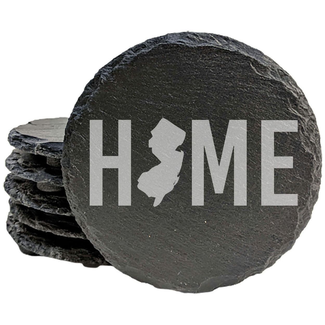 Rustic Slate Coasters Set of 4 - 4" Round, Laser Etched 'HOME' Design with NJ State, Natural Chipped Edge, Rubber Feet, - Perfect for Holidays, Birthdays, Housewarming - Made in USA