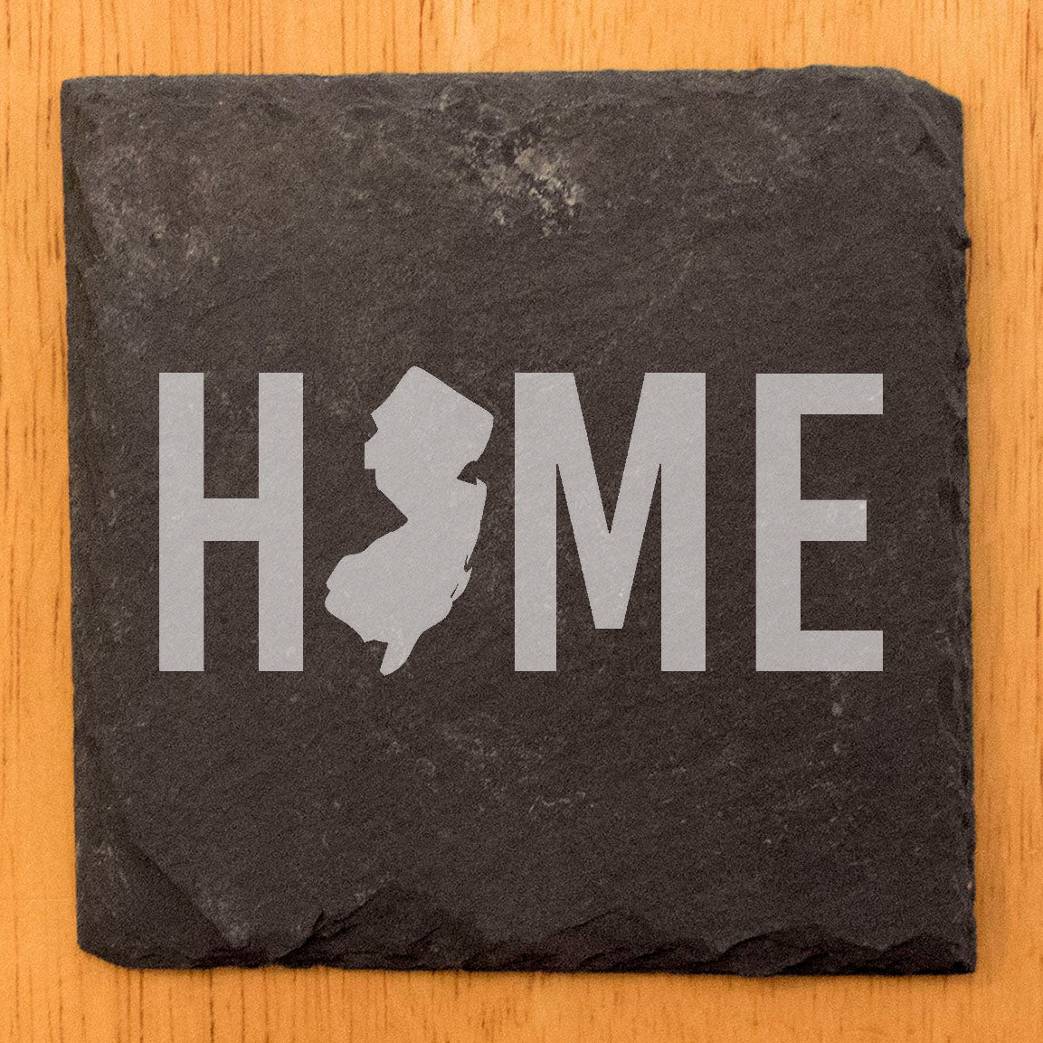 Rustic Slate Coasters Set of 4 - 4" Round, Laser Etched 'HOME' Design with NJ State, Natural Chipped Edge, Rubber Feet, - Perfect for Holidays, Birthdays, Housewarming - Made in USA