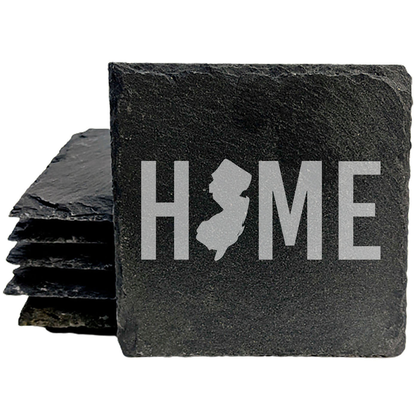 Rustic Slate Coasters Set of 4 - 4" Round, Laser Etched 'HOME' Design with NJ State, Natural Chipped Edge, Rubber Feet, - Perfect for Holidays, Birthdays, Housewarming - Made in USA