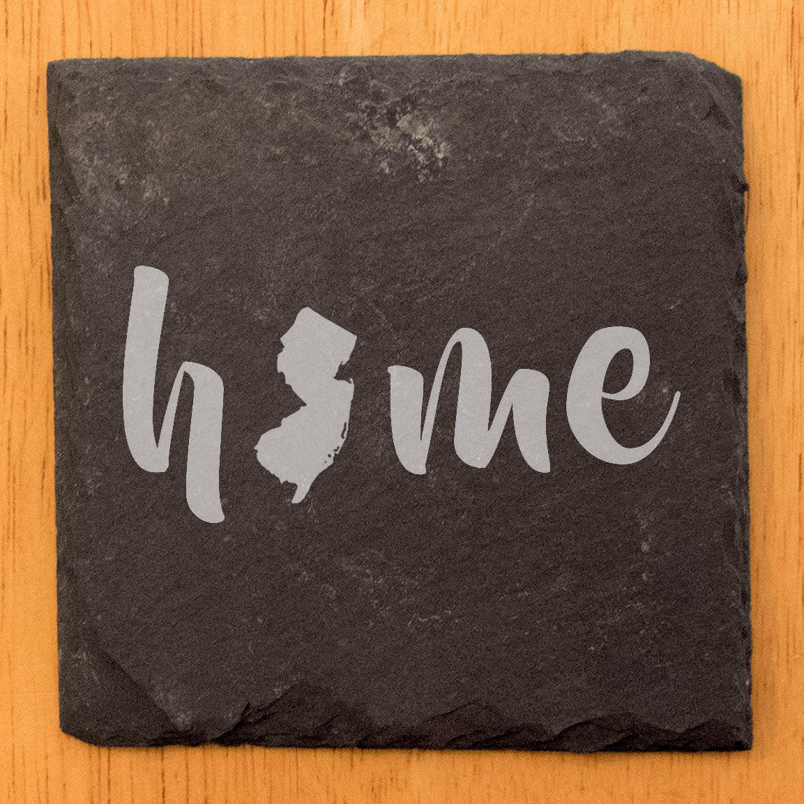Rustic Slate Coasters Set of 4 - Laser Etched 'Home' Design with NJ State - Perfect Gift for Holidays, Birthdays, Housewarming - 4" Round/Square - Made in Oregon, USA - Natural Chipped Edge