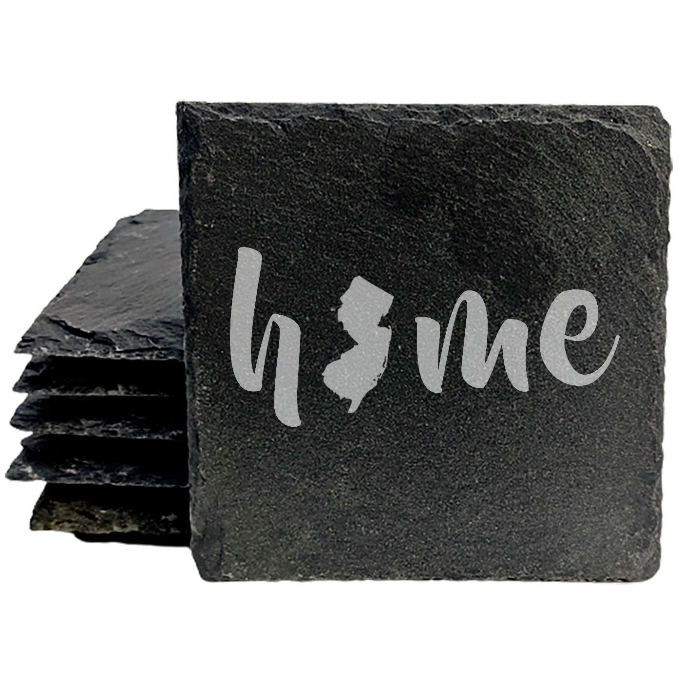 Rustic Slate Coasters Set of 4 - Laser Etched 'Home' Design with NJ State - Perfect Gift for Holidays, Birthdays, Housewarming - 4" Round/Square - Made in Oregon, USA - Natural Chipped Edge