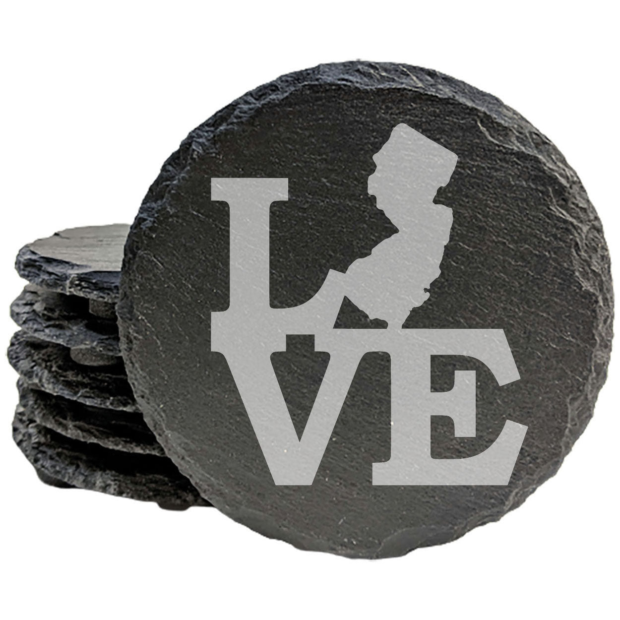 Rustic Slate Coasters Set of 4, Round 4" with 'LOVE' New Jersey Design, Laser Etched, Perfect for Holidays, Birthdays, Housewarming Gifts, Made in Oregon, USA, Natural Chipped Edge, Rubber Feet