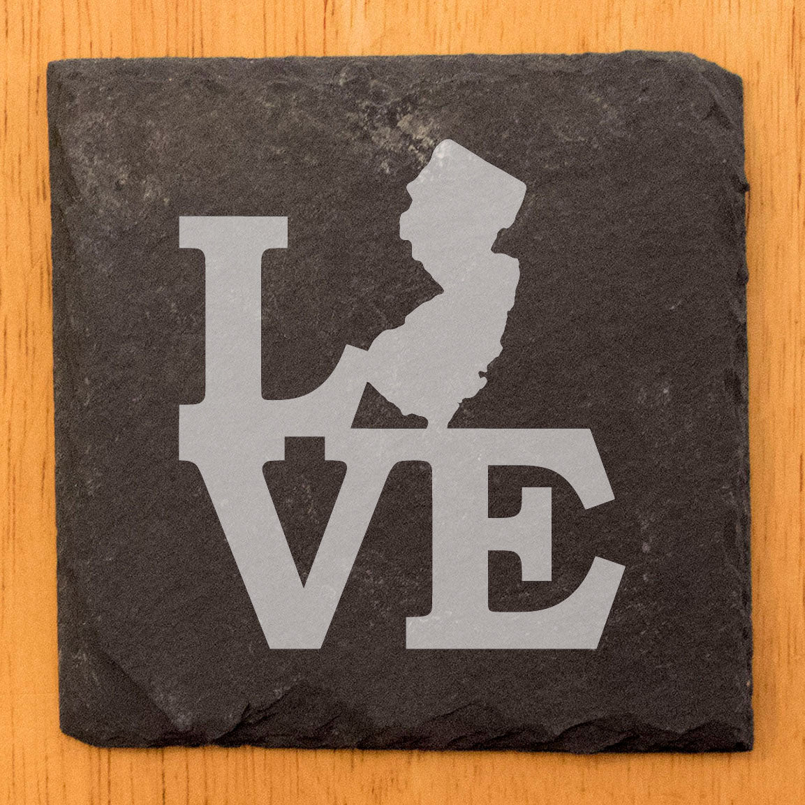 Rustic Slate Coasters Set of 4, Round 4" with 'LOVE' New Jersey Design, Laser Etched, Perfect for Holidays, Birthdays, Housewarming Gifts, Made in Oregon, USA, Natural Chipped Edge, Rubber Feet