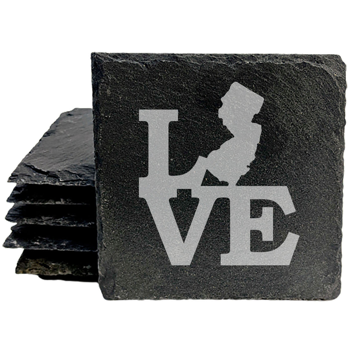Rustic Slate Coasters Set of 4, Round 4" with 'LOVE' New Jersey Design, Laser Etched, Perfect for Holidays, Birthdays, Housewarming Gifts, Made in Oregon, USA, Natural Chipped Edge, Rubber Feet