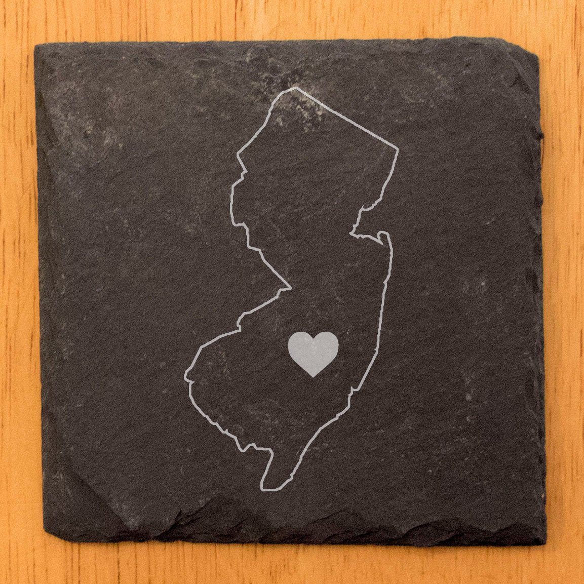 Rustic Slate Coasters Set of 4, Round 4" with New Jersey Heart Design, Laser Etched, Perfect for Holidays, Birthdays, Housewarming Gifts, Made in Oregon, USA, Natural Chipped Edge, Rubber Feet