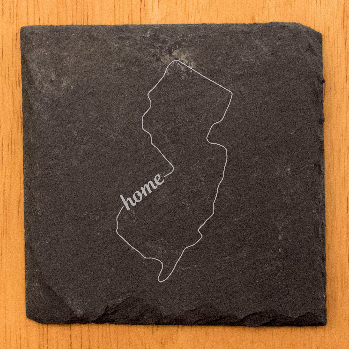 Rustic Slate Coasters Set of 4 - New Jersey 'Home' Design, 4" Round, Laser Etched, Natural Chipped Edge, Rubber Feet, , Perfect for Holidays, Birthdays, Housewarming, Made in USA