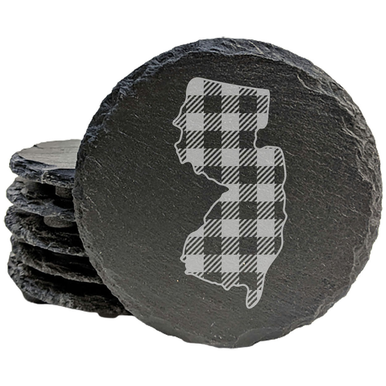 Rustic Slate Coasters Set of 4, Round 4" with New Jersey Plaid Design, Laser Etched, Natural Chipped Edge, Rubber Feet, , Perfect for Holidays, Birthdays, Housewarming, Made in USA
