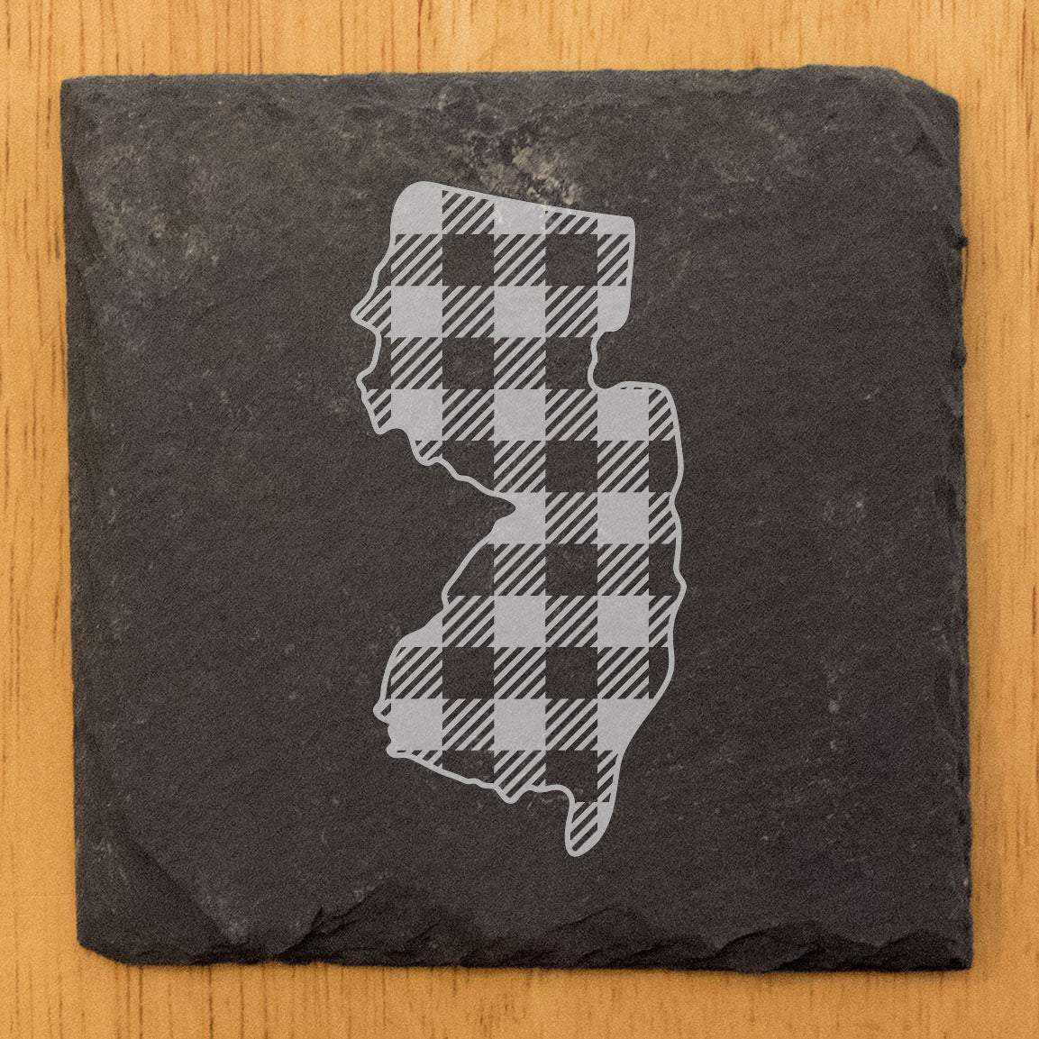 Rustic Slate Coasters Set of 4, Round 4" with New Jersey Plaid Design, Laser Etched, Natural Chipped Edge, Rubber Feet, , Perfect for Holidays, Birthdays, Housewarming, Made in USA