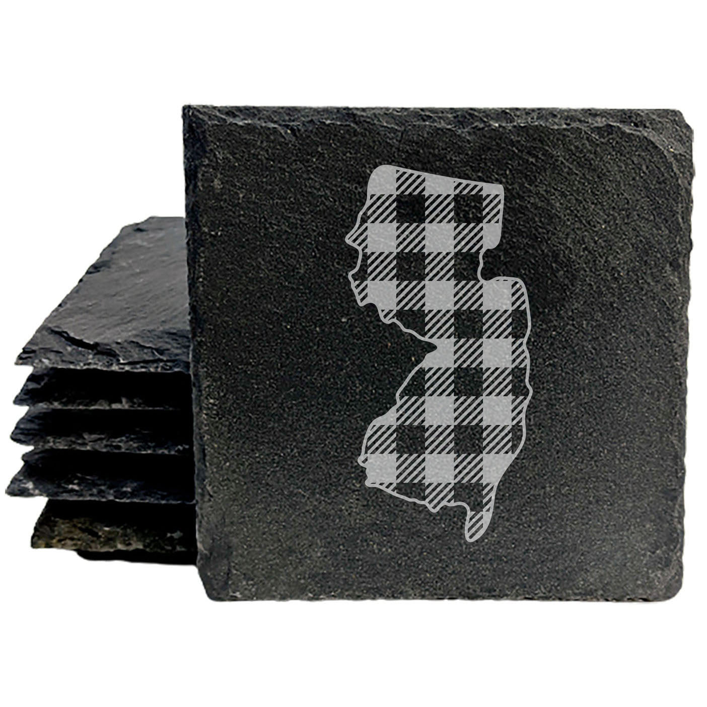 Rustic Slate Coasters Set of 4, Round 4" with New Jersey Plaid Design, Laser Etched, Natural Chipped Edge, Rubber Feet, , Perfect for Holidays, Birthdays, Housewarming, Made in USA