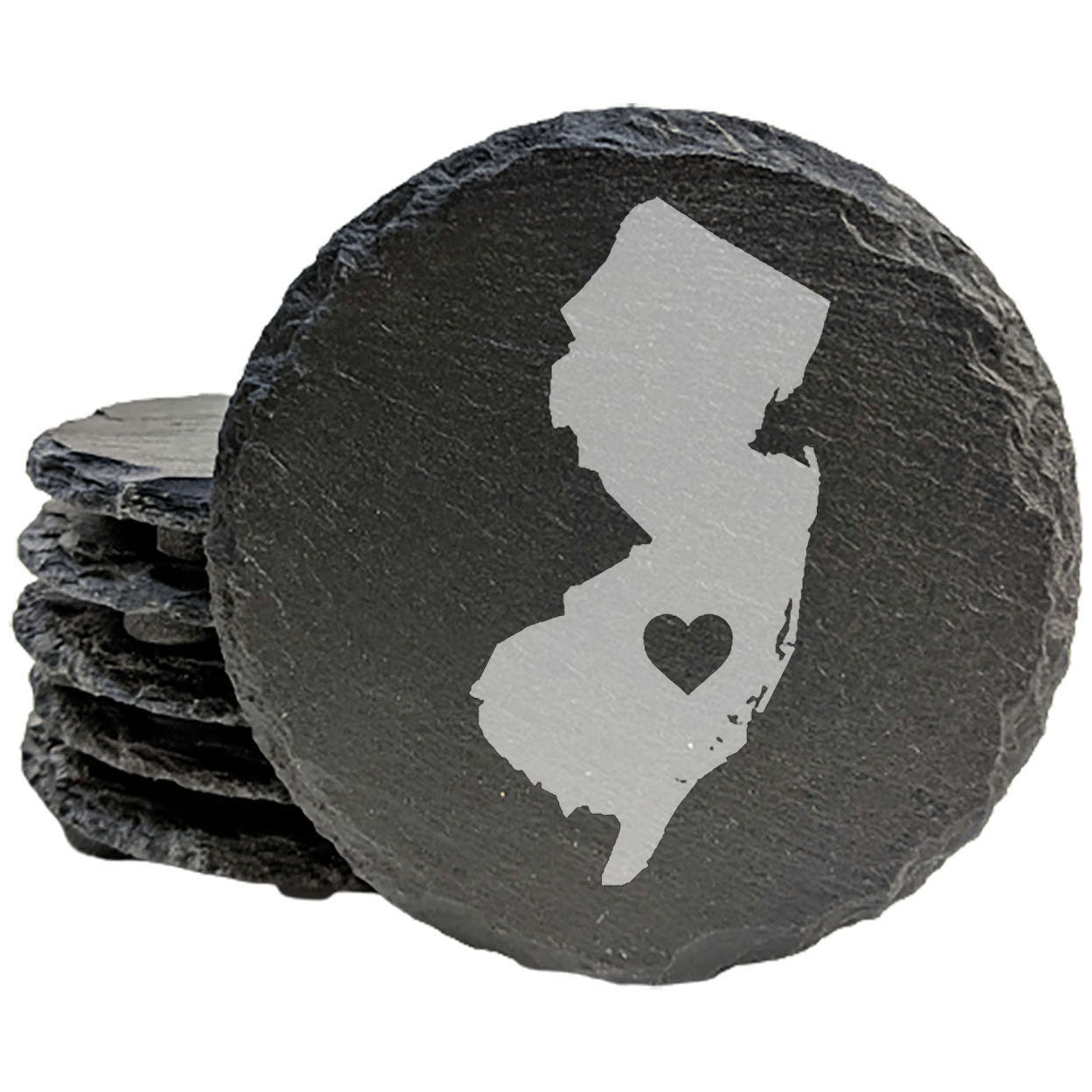 Rustic Slate Coasters Set of 4, Round 4" with New Jersey Heart Design, Laser Etched, Perfect for Holidays, Birthdays, Housewarming Gifts, Made in Oregon, USA, Natural Chipped Edge, Rubber Feet