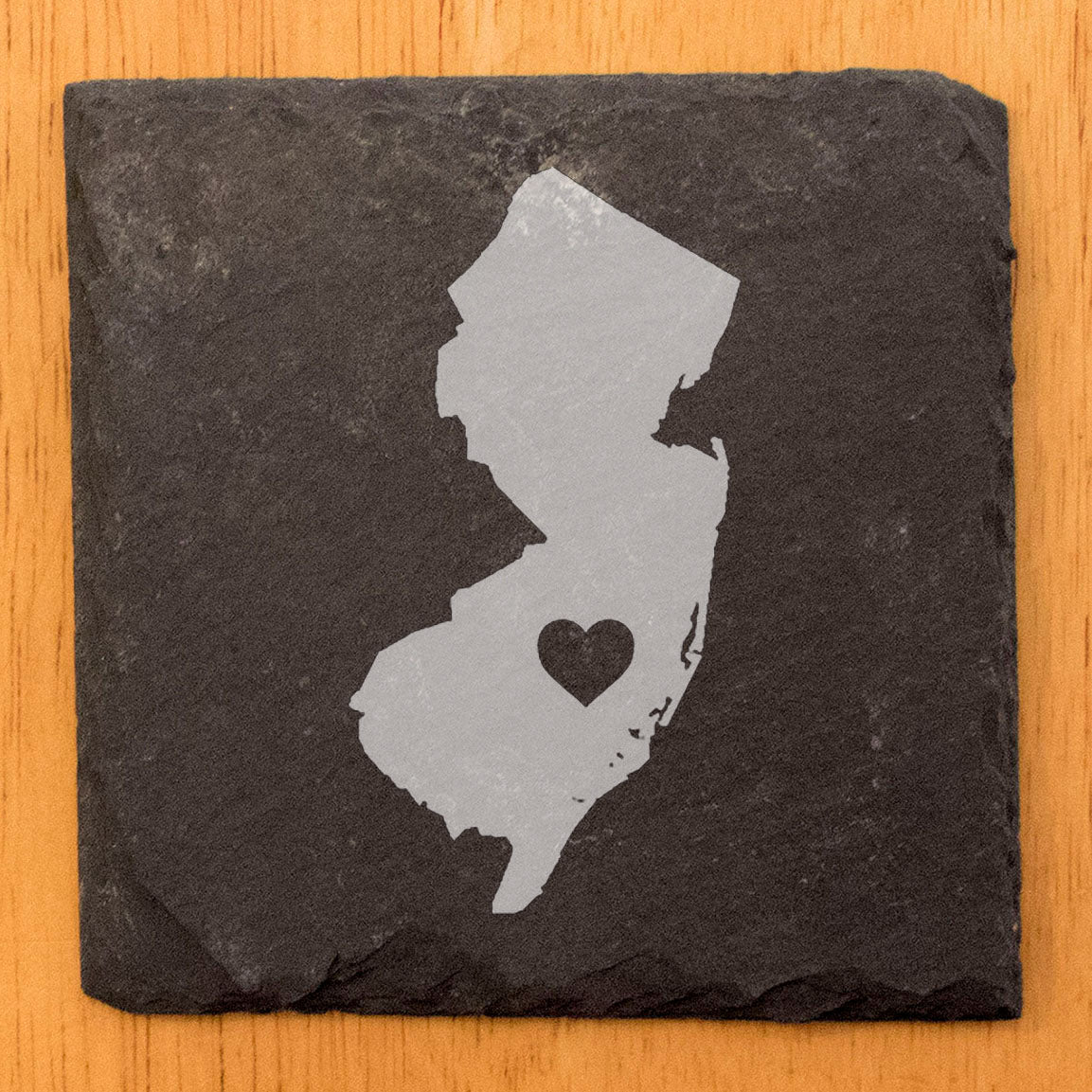 Rustic Slate Coasters Set of 4, Round 4" with New Jersey Heart Design, Laser Etched, Perfect for Holidays, Birthdays, Housewarming Gifts, Made in Oregon, USA, Natural Chipped Edge, Rubber Feet