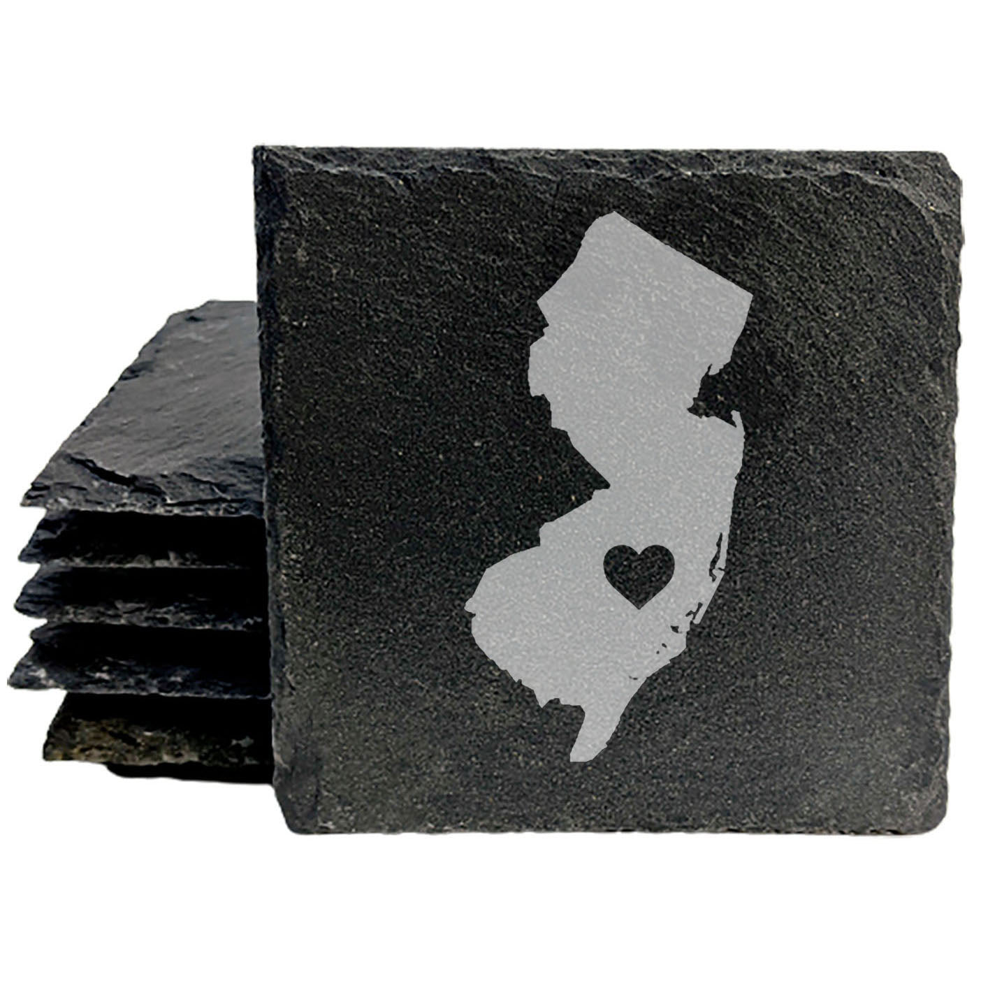 Rustic Slate Coasters Set of 4, Round 4" with New Jersey Heart Design, Laser Etched, Perfect for Holidays, Birthdays, Housewarming Gifts, Made in Oregon, USA, Natural Chipped Edge, Rubber Feet