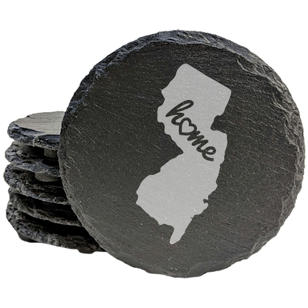 Rustic Slate Coasters Set of 4, Round 4" with New Jersey 'Home' Heart Design, Perfect Gift for Holidays, Birthdays, Housewarming, She-Shed, Man Cave, Made in Oregon, USA, Natural Chipped Edge