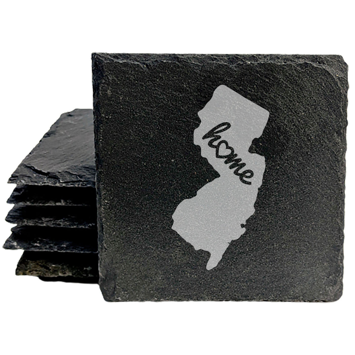 Rustic Slate Coasters Set of 4, Round 4" with New Jersey 'Home' Heart Design, Perfect Gift for Holidays, Birthdays, Housewarming, She-Shed, Man Cave, Made in Oregon, USA, Natural Chipped Edge