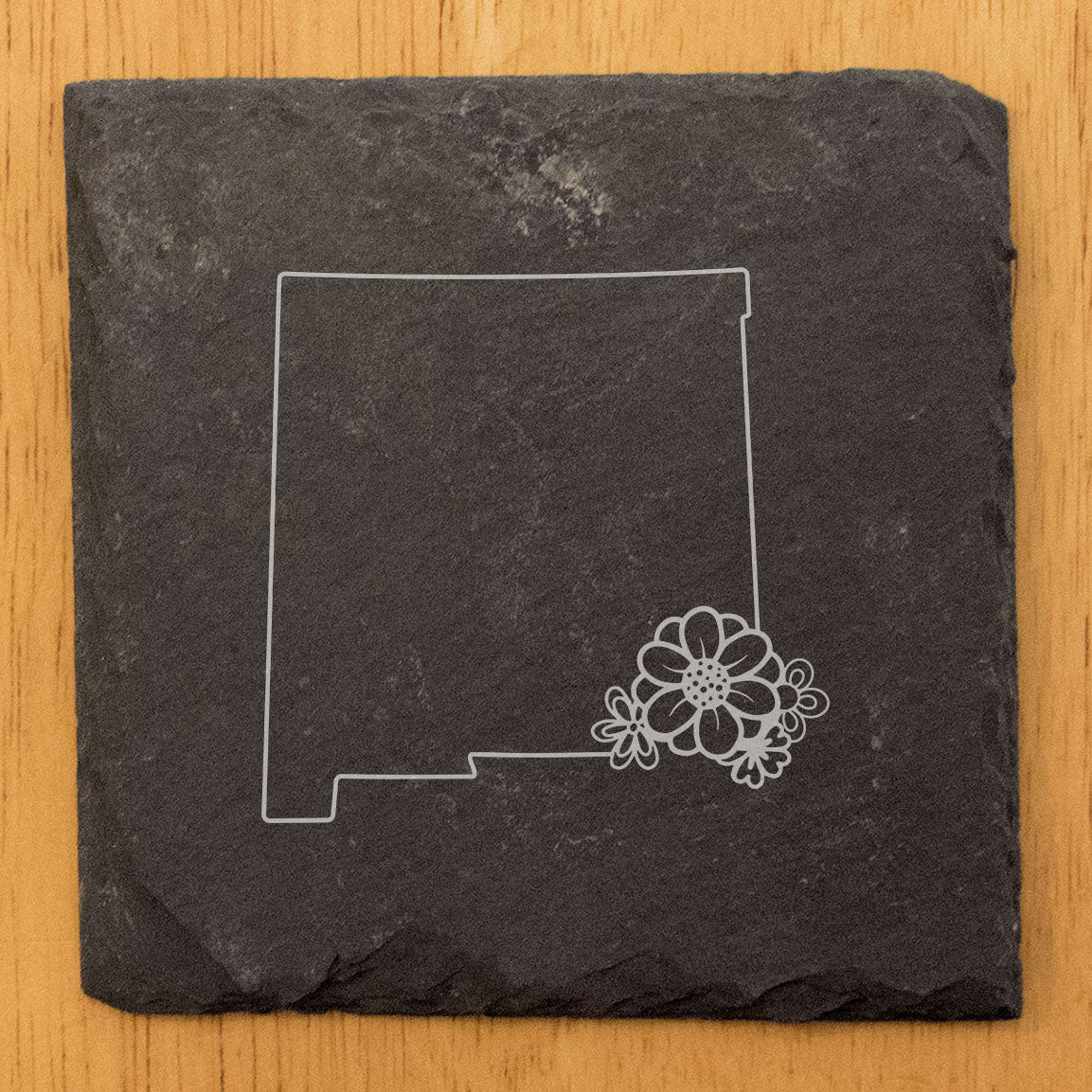 Rustic Slate Coasters Set of 4 - New Mexico Design with Flower - 4" Round or Square - Perfect for Holidays, Birthdays, Housewarming - She-Shed & Man Cave Decor - Made in Oregon, USA