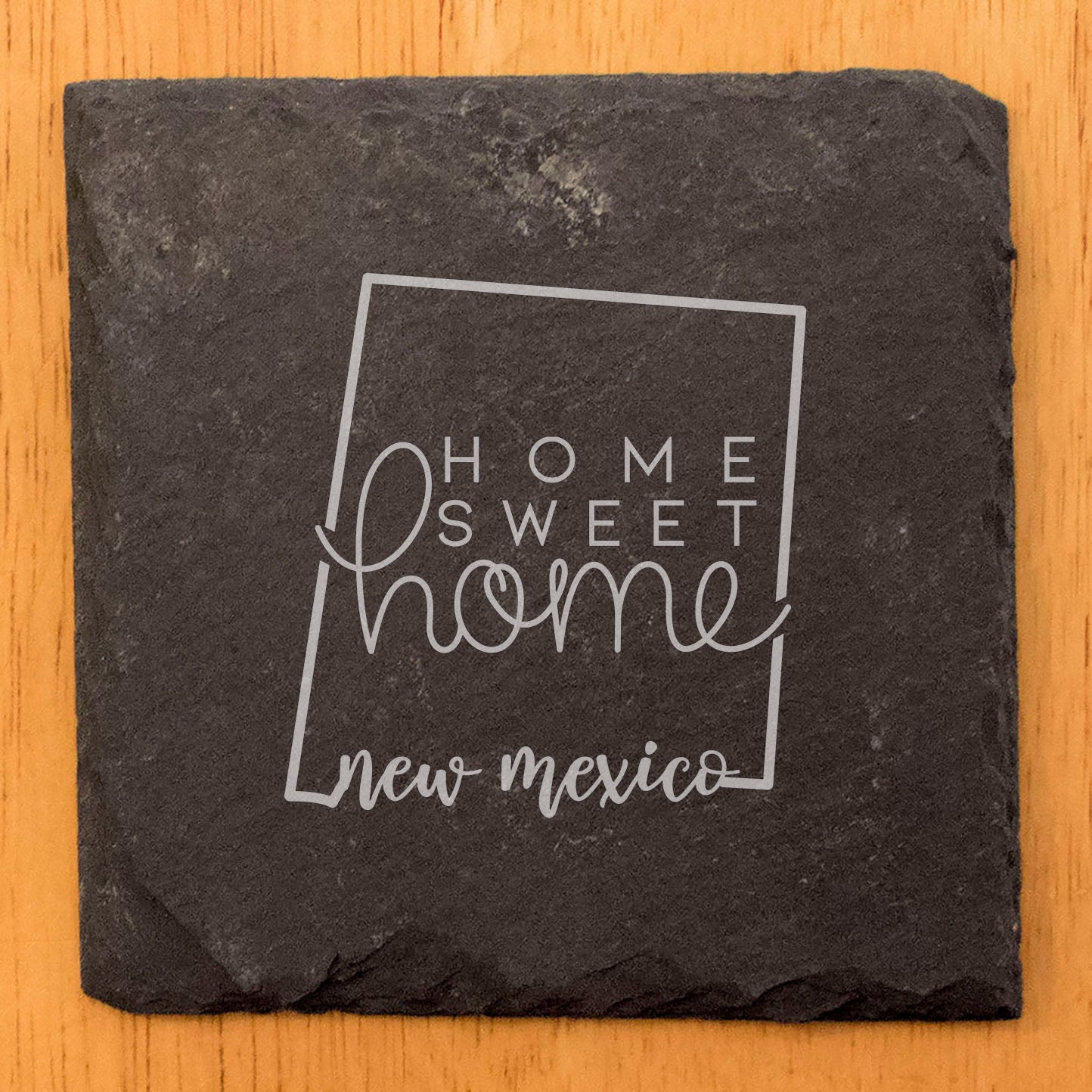 Rustic Slate Coasters Set of 4 - Round 4" with New Mexico 'Home Sweet Home' Design - Perfect Gift for Holidays, Birthdays, Housewarming - Made in Oregon, USA - Natural Chipped Edge, Rubber Feet