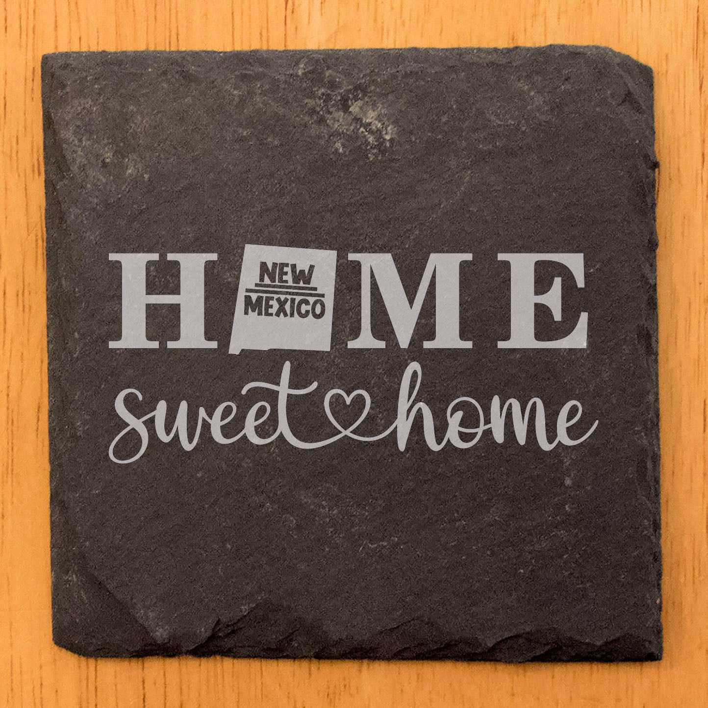 Rustic Slate Coasters Set of 4, 4" Round, Laser Etched 'HOME SWEET HOME' Design, New Mexico State Shape, Perfect Gift for Holidays, Birthdays, Housewarming, Made in Oregon, USA, Natural Edge