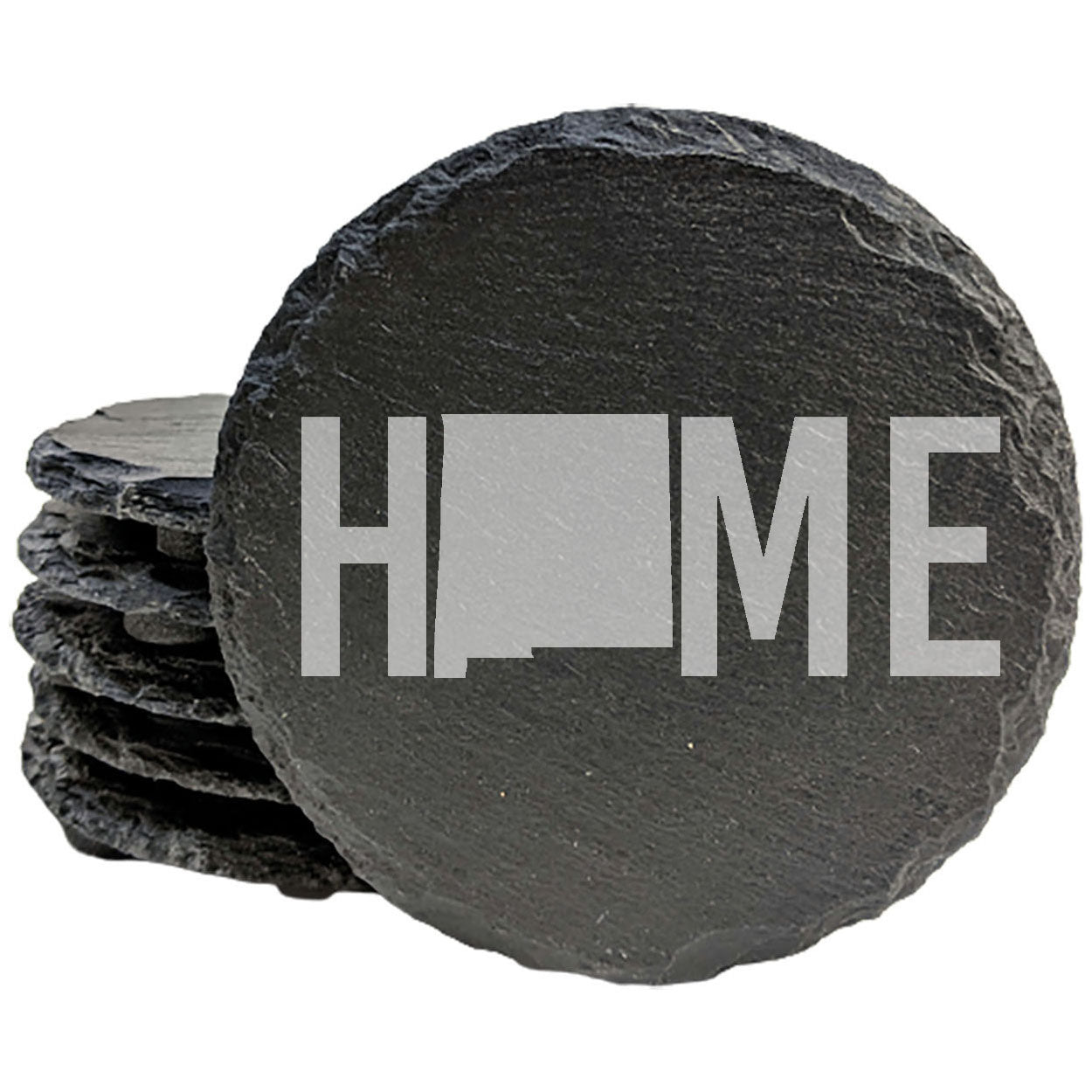 Rustic Slate Coasters Set of 4, Laser Etched 'HOME' Design with New Mexico State, 4" Round, Natural Chipped Edge, Rubber Feet, , Perfect for She-Shed or Man Cave, Made in Oregon, USA