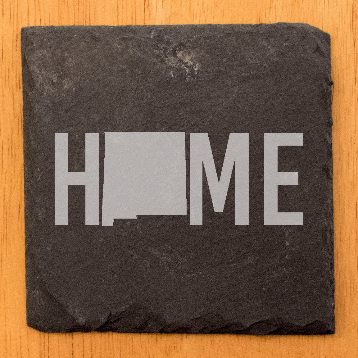 Rustic Slate Coasters Set of 4, Laser Etched 'HOME' Design with New Mexico State, 4" Round, Natural Chipped Edge, Rubber Feet, , Perfect for She-Shed or Man Cave, Made in Oregon, USA