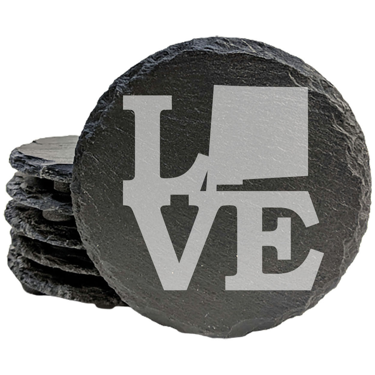 Rustic Slate Coasters Set of 4, Laser Etched 'LOVE' Design with New Mexico State, 4" Round, Natural Chipped Edge, Rubber Feet, Perfect Gift for Holidays, Birthdays, Housewarming, Made in USA