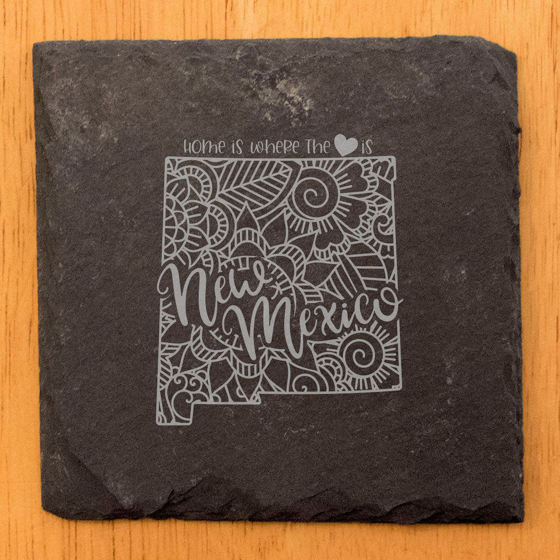 Rustic Slate Coasters Set of 4, Round 4" with New Mexico Mandala Design, 'Home is Where the Heart Is' - Perfect Gift for Holidays, Birthdays, Housewarming - Made in Oregon, USA by Small Business