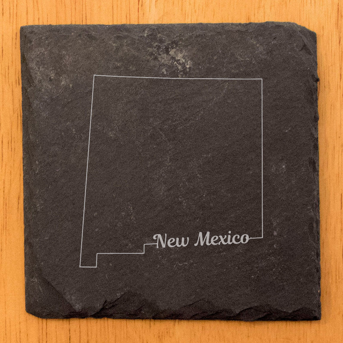 Rustic Slate Coasters Set of 4, Round 4" with New Mexico Outline Design, Laser Etched, Perfect for Holidays, Birthdays, Housewarming Gifts, Made in Oregon, USA, Natural Chipped Edge, Rubber Feet
