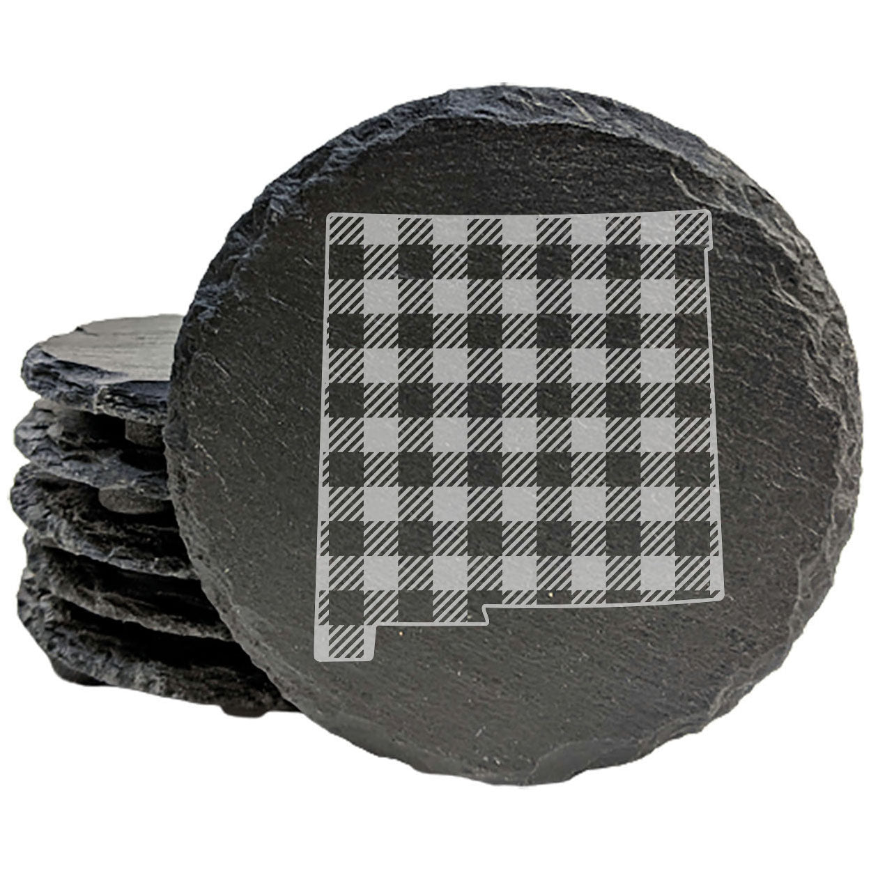 Rustic Slate Coasters Set of 4, Round 4" with New Mexico Plaid Design, Laser Etched, Perfect for Holidays, Birthdays, Housewarming Gifts, She-Shed, Man Cave, Made in Oregon, USA, Natural Edge