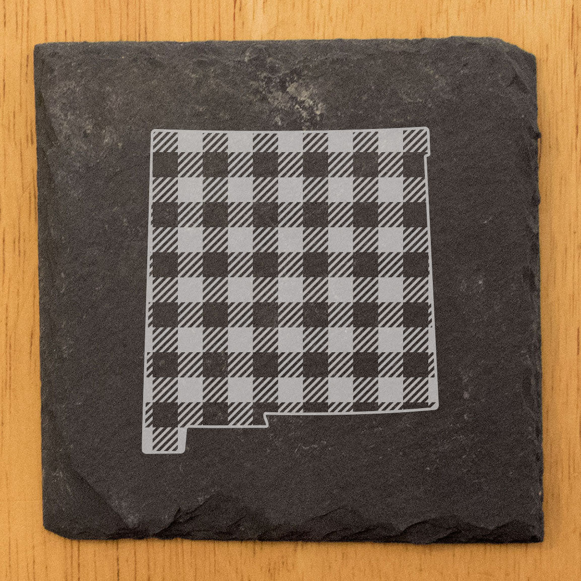 Rustic Slate Coasters Set of 4, Round 4" with New Mexico Plaid Design, Laser Etched, Perfect for Holidays, Birthdays, Housewarming Gifts, She-Shed, Man Cave, Made in Oregon, USA, Natural Edge