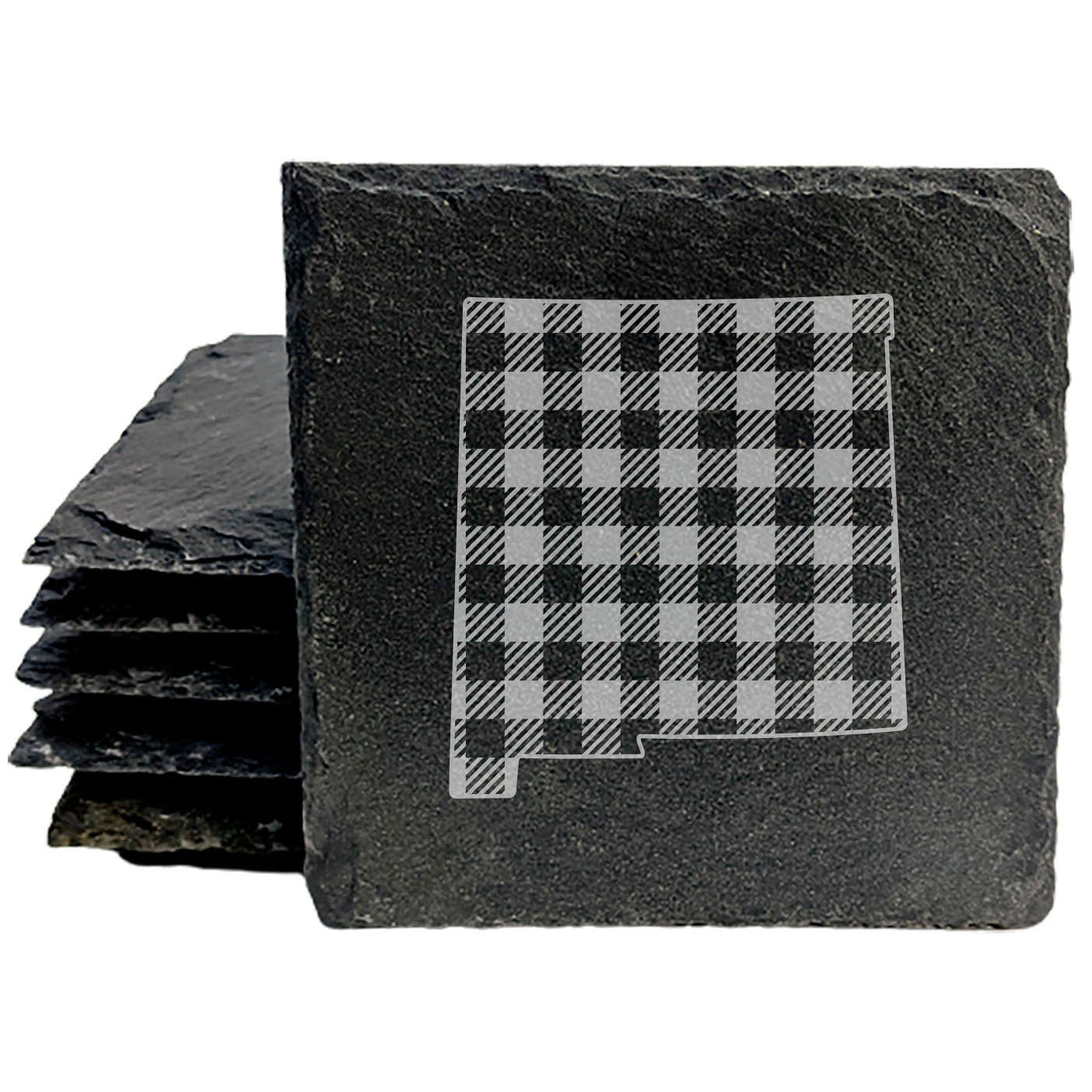 Rustic Slate Coasters Set of 4, Round 4" with New Mexico Plaid Design, Laser Etched, Perfect for Holidays, Birthdays, Housewarming Gifts, She-Shed, Man Cave, Made in Oregon, USA, Natural Edge