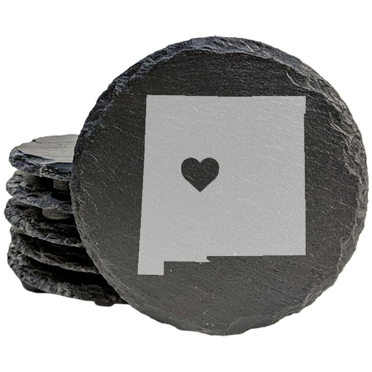 Rustic Slate Coasters Set of 4, Round 4" with New Mexico Heart Design, Perfect for Holidays, Birthdays, Housewarming Gifts, She-Shed or Man Cave, Made in Oregon, USA, Natural Chipped Edge