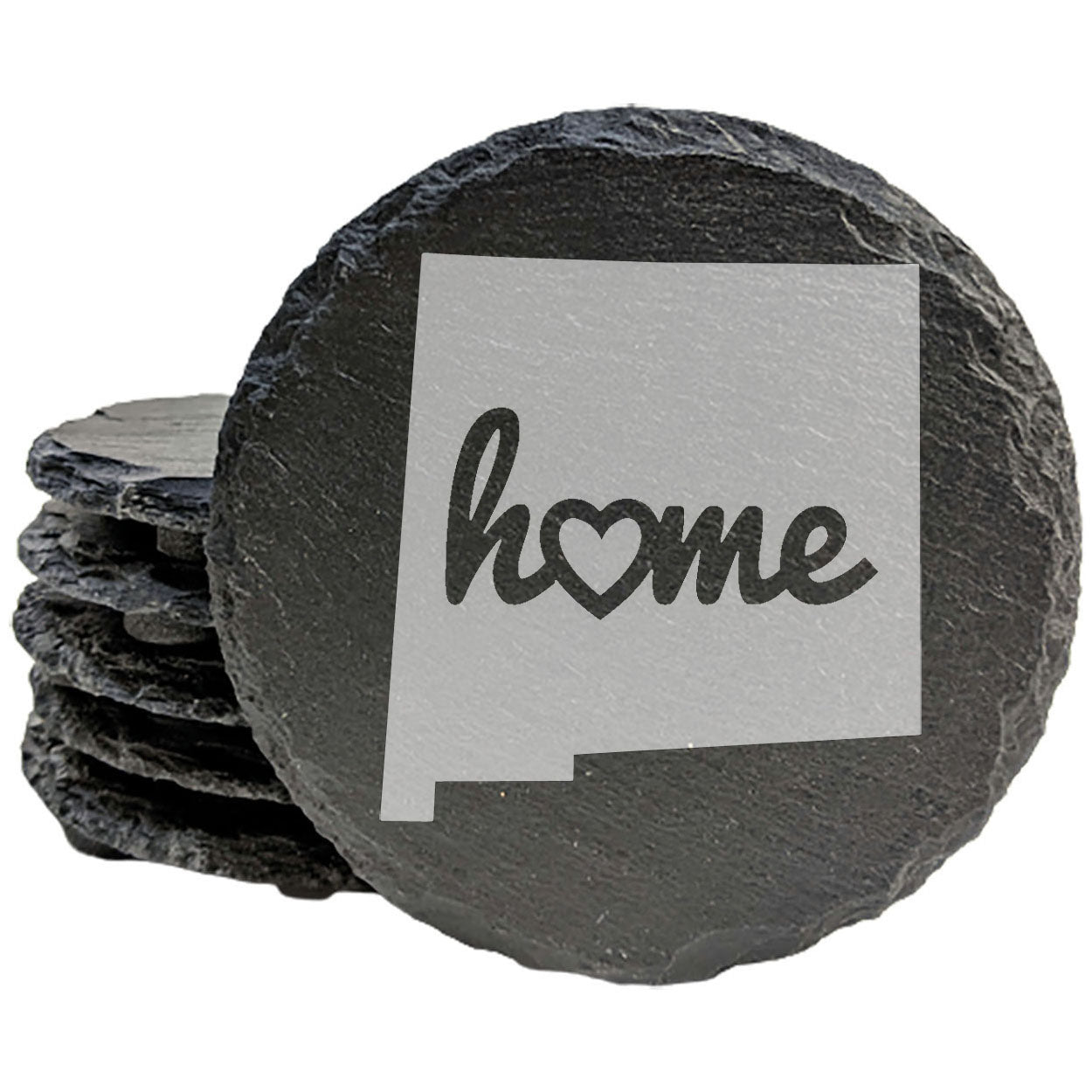 Rustic Slate Coasters Set of 4, Round 4" with New Mexico 'Home' Heart Design, Perfect for Holidays, Birthdays, Housewarming, She-Shed, Man Cave, Made in Oregon, USA, , Natural Edge