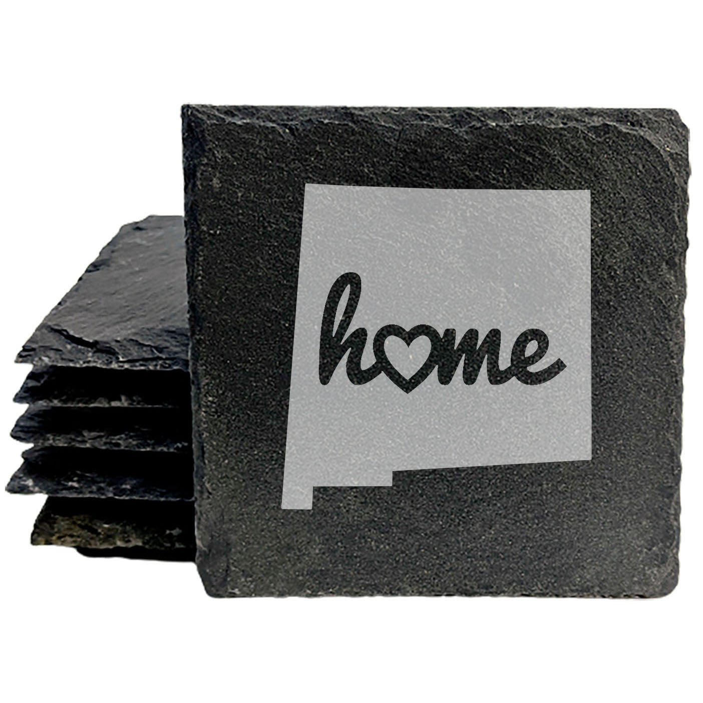 Rustic Slate Coasters Set of 4, Round 4" with New Mexico 'Home' Heart Design, Perfect for Holidays, Birthdays, Housewarming, She-Shed, Man Cave, Made in Oregon, USA, , Natural Edge
