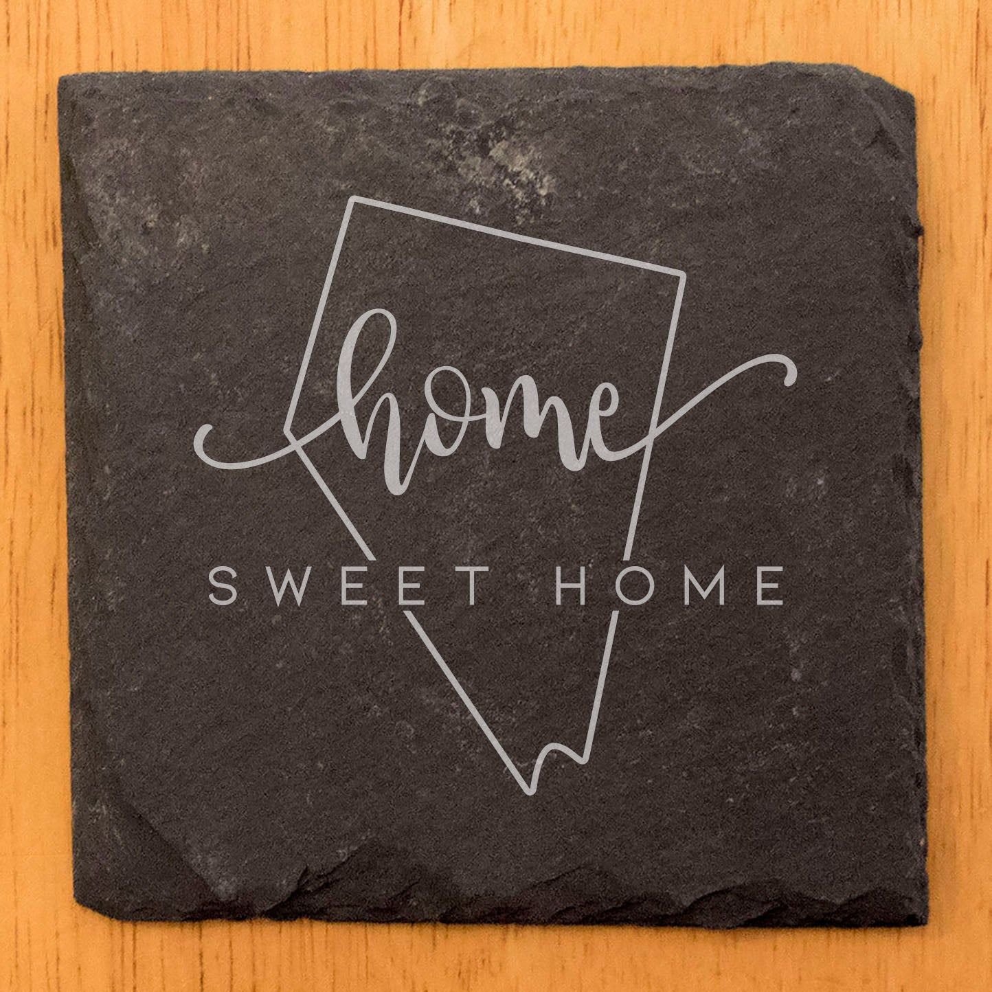 Rustic Slate Coasters Set of 4 - Round 4" with 'Home Sweet Home' Nevada Design - Perfect Gift for Holidays, Birthdays, Housewarming - Made in Oregon, USA - Natural Chipped Edge, Rubber Feet