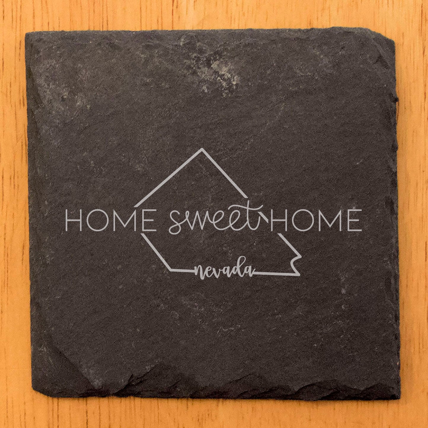 Rustic Slate Coasters Set of 4 - Round 4" with 'Home Sweet Home' Nevada Design - Perfect Gift for Holidays, Birthdays, Housewarming - Made in Oregon, USA - Natural Chipped Edge, Rubber Feet