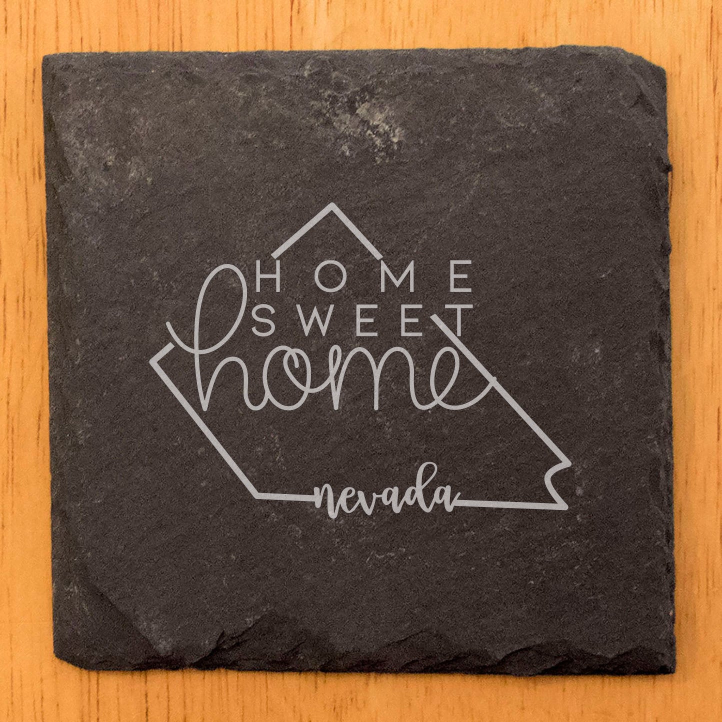 Rustic Slate Coasters Set of 4, 4" Round, Laser Etched Nevada Design, 'Home Sweet Home', Perfect Gift for Holidays, Birthdays, Housewarming, Made in Oregon, USA, Natural Chipped Edge, Rubber Feet