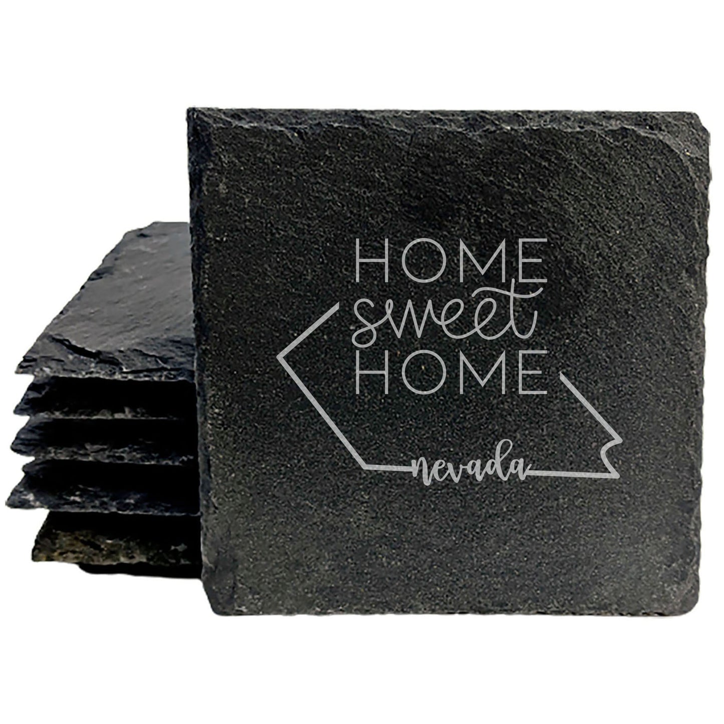 Rustic Slate Coasters Set of 4, Round 4" with Nevada State Design, 'Home Sweet Home' Laser Etched, Perfect Gift for Holidays, Birthdays, Housewarming, Made in Oregon, USA, Natural Chipped Edge