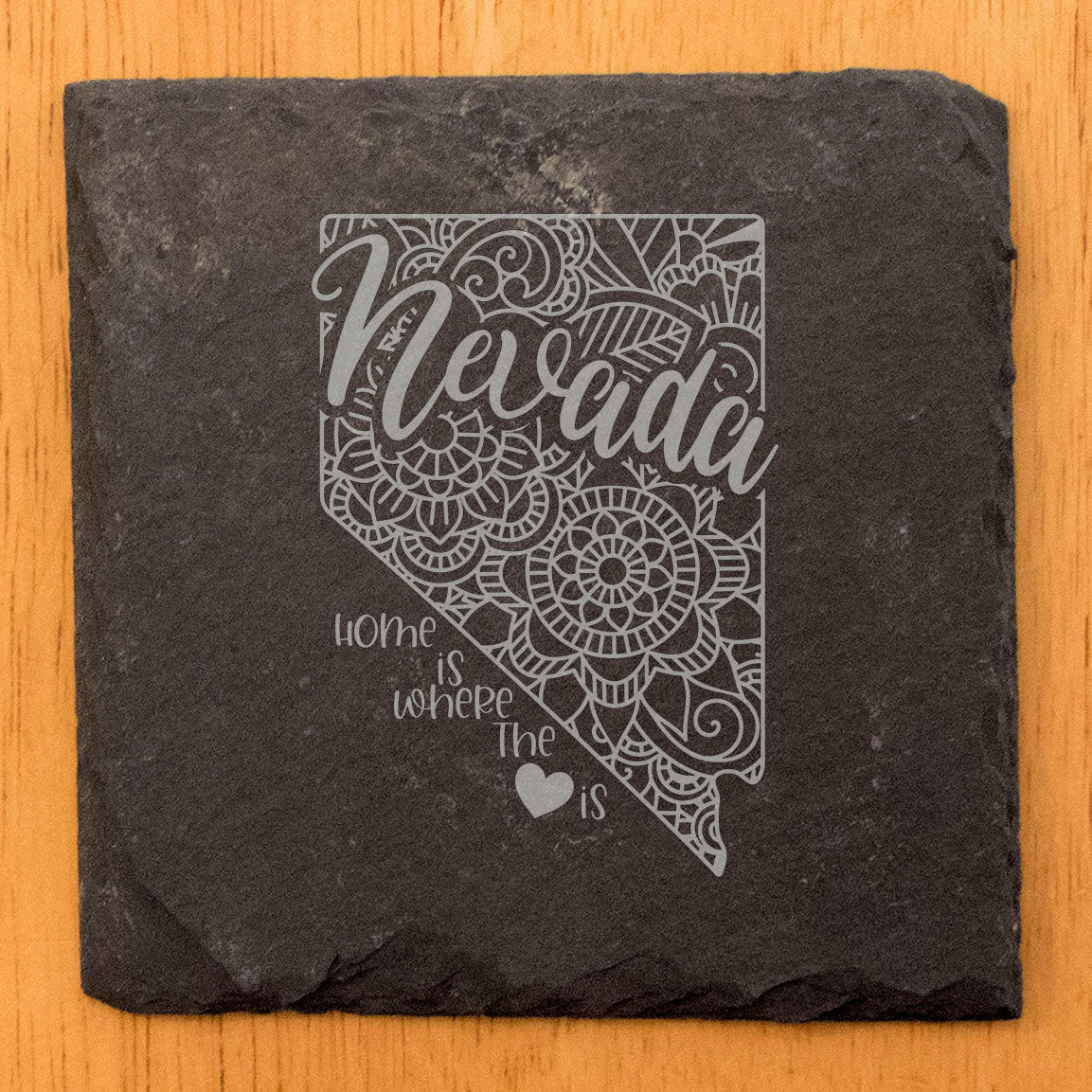 Rustic Slate Coasters Set of 4, Square 4" with 'LOVE' Nevada Design, Perfect for Holidays, Birthdays, Housewarming Gifts, She-Shed or Man Cave, Made in Oregon, USA, Natural Chipped Edge, Rubber Feet