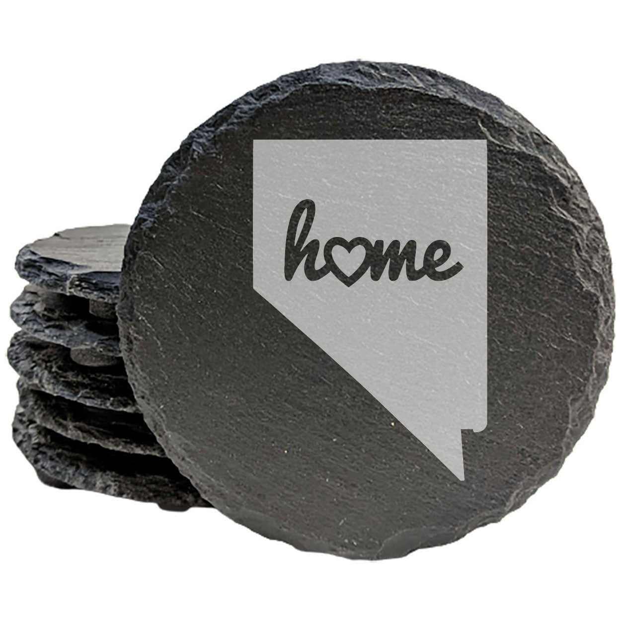 Rustic Slate Coasters Set of 4, Round 4" with Nevada 'Home' Heart Design, Perfect for Holidays, Birthdays, Housewarming Gifts, She-Shed or Man Cave, Made in Oregon, USA, Natural Chipped Edge